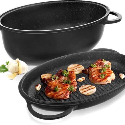 Braadslede Graniet met Deksel 2W1 GRANDE 10 l, 43x28 cm - Ovenschaal - Braadpan