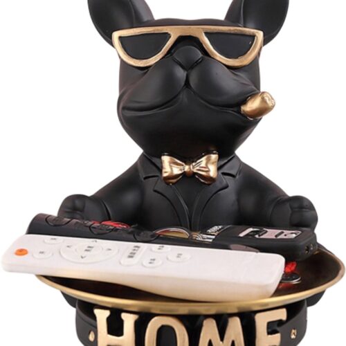 Bulldog Beeld met Dienblad - Grappige en Unieke Huisdecoratie Binnen - Sleutelbakje - Bulldog accessoire - Dieren Woondecoratie met Serveerschaal - Zwart- Sierbeeld Thuis Kamer Tafel Decoratie