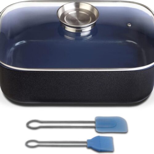 Ceramica kobaltblauwe inductie rechthoekige braadslede met glazen aroma-deksel - 40 x 26 x 11 cm - 80 liter - incl. Bakkwastenset - gegoten aluminium - zwart/blauw - 40 cm