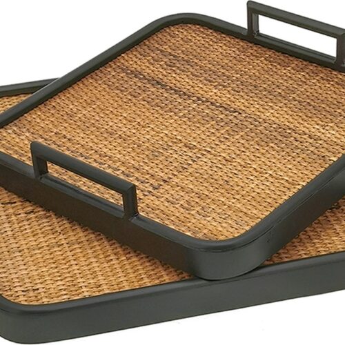 Clayre & Eef Decoratie Dienblad Set van 2 40 cm Bruin Hout Ijzer Serveerschaal