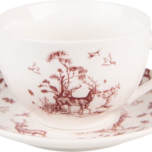 Clayre & Eef Kop en Schotel 200 ml Beige Rood Porselein Rendieren en Bomen