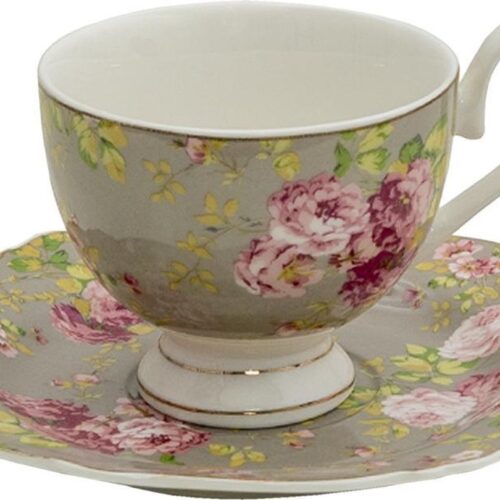 Clayre & Eef Kop en Schotel 200 ml Groen Wit Porselein Bloemen