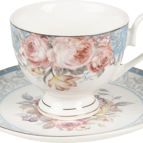 Clayre & Eef Kop en Schotel 200 ml Wit Blauw Porselein Bloemen