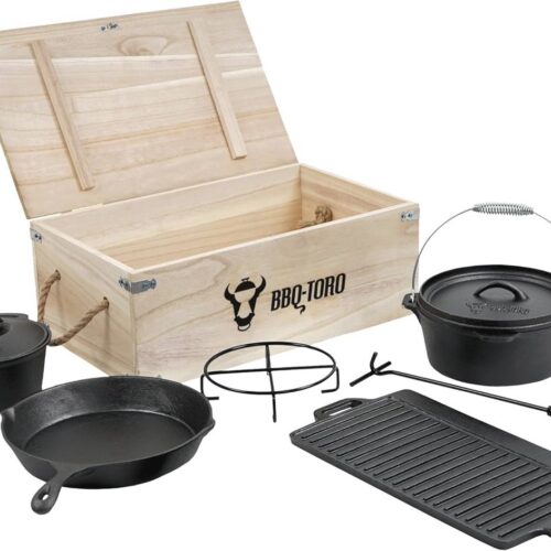 Complete Dutch Oven Set in Houten Kist - 7-delig Gietijzer met Grillplaat, Steelpan en Deksellifter