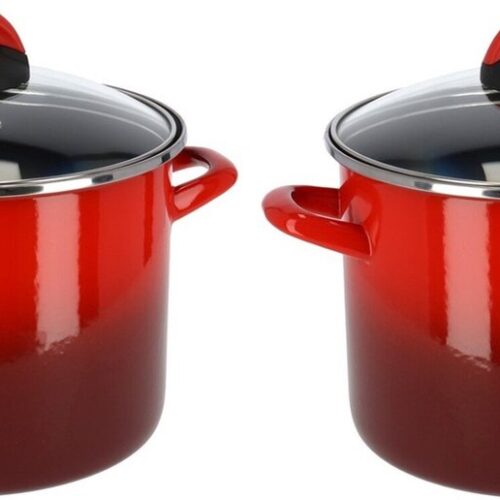 Cuenca Kookpan/soeppan - Set van 2x stuks - rood - RVS - glazen deksel - 23 cm - 5,8 liter - pannen