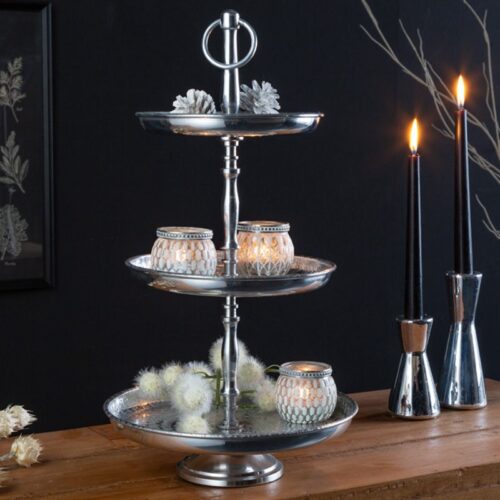 Design taartplateau ORIENT 47cm zilver in wildhammerafwerking met drie niveaus - 41534