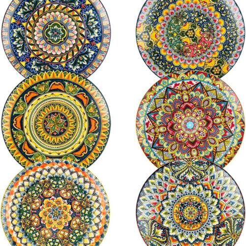 Dessertborden Set Keramische Plaat Salade Borden Cake Borden 8" - Platte Keuken Kleurrijke Plaat Kleine Ronde Plaat - Boheemse Stijl met servies - Sfeervolle tafeldecoratie voor diners - Set van 6 borden