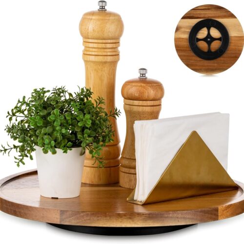 Dienblad decoratie dienblad rond: houten dienblad klein rustiek draaibaar acaciahout bruin hout serveerplaten voor keuken hart kandelaar 30 cm
