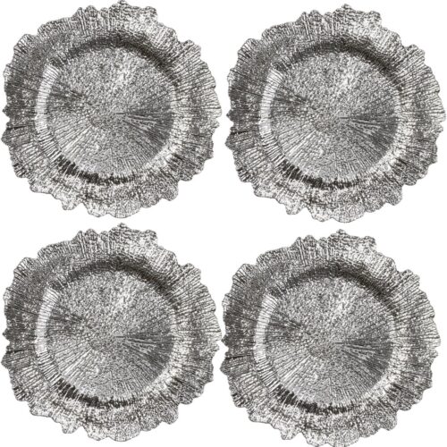 Diner onderborden - 4x - zilver - kunststof - 33 cm - dineren - onderborden / kaarsenborden / onderzet borden voor kaarsen
