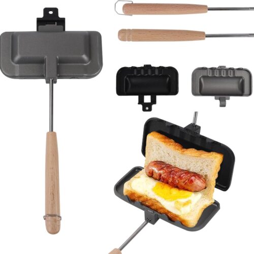 Dubbelzijdige koekenpan, grillpan met antiaanbaklaag, antiaanbakpan dubbelzijdig met handvat, toastpan voor gas- of houtskoolgrills (type 1)