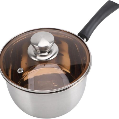 E-Ambar - RVS steelpan met anti-aanbaklaag, glazen deksel en hittebestendig handvat - Voor soep en sauzen - 14 cm