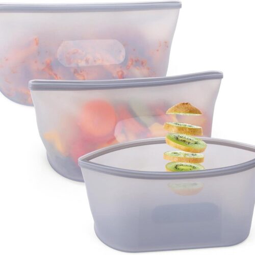 EGoods - Set van 3 herbruikbare siliconen voedselcontainers - 750 ml - BPA-vrij - Bewaarbakjes met rits - Diepvries- vaatwasser- en magnetronbestendig