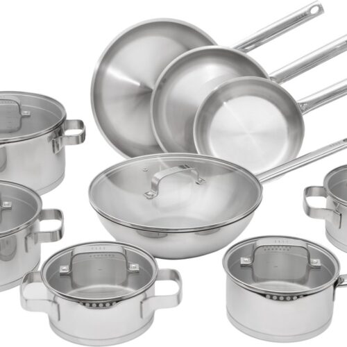 ELLE Gourmet Moderne 9-delige RVS Pannenset - Koekenpannen + Kookpannen + Wokpan + Steelpan - Met Deksel - PFAS vrij - Inductie