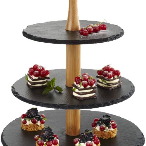 Elegante etagère - 3 etages - natuurleisteen en acaciahout - 34 cm