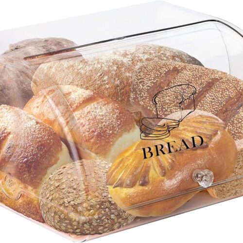 Famanu - Broodtrommel voor de keuken van acryl moderne broodtrommel met roldeksel voor het bewaren en presenteren van brood koekjes en cake 30 x 13 x 27 cm | Luxe opberger, modern design voor keuken en dagelijks gebruik