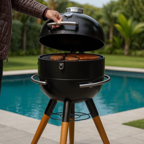 Fameilleur Barbecue met Onderstel - Houtskool BBQ met Ø41 cm Grillrooster - Ingebouwde Thermometer - Heat Deflector - Houtlook Poten - Stalen Kuip - Buiten Koken - Zwart - 98 cm barbecue- met onderstel- tuinbarbecue- barbecues voor in de tuin- tuin
