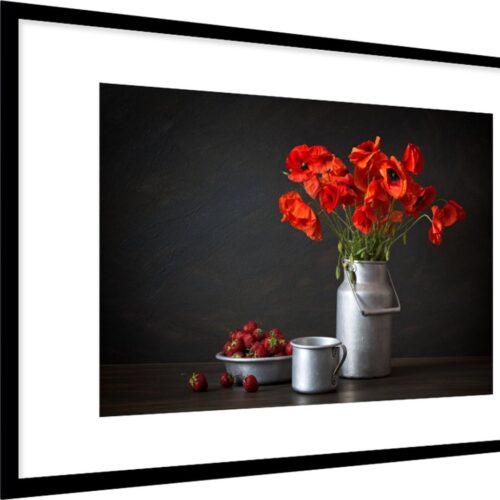 Fotolijst incl. Poster - Stilleven - Klaprozen - Melkkan - 90x60 cm - Posterlijst
