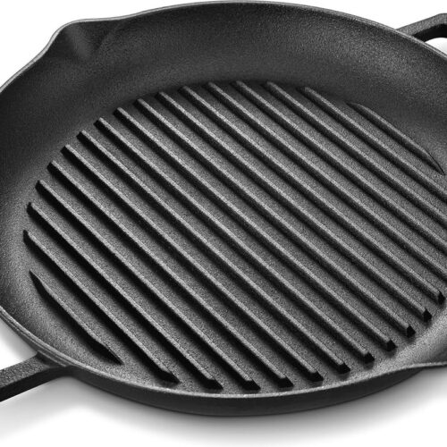 Gietijzeren Pan 38,5 x 31 cm, Gietijzeren Grillpan, Verbrande Koekenpan met Geribbelde Bodem, Biefstukpan met 2 Handvatten, Vuurpan voor Gasgrill, Houtskoolgrill - BBQ Kamperen en Tuin