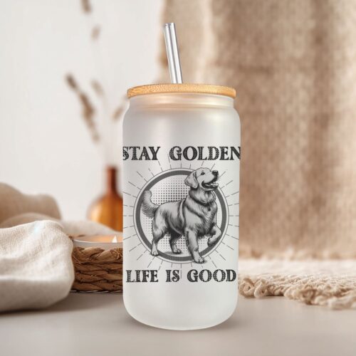 Golden Retriever Glazen Drinkbeker met Glazen Rietje en Deksel - Bubble Tea - Koffiebeker - Koffieglas - Koffie glas - 500ml ijskoffie beker - Koffie beker - Mason Jar - Boba - Theebeker - Thee beker - Glazen Drinkbeker - Ijskoffie glas - Huisdier