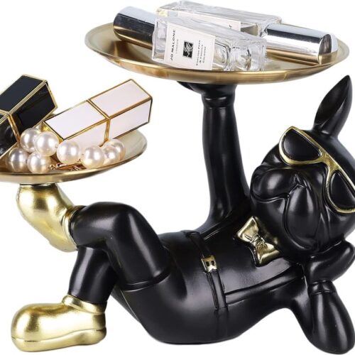 Goodivery ® Bulldog Butler Standbeeld met Twee Dienbladen, Opslag Sleutelhouder Snoep Sieraden Oorbel Dienblad, Geschikt voor Thuis, Kantoor, Eettafel Kleine Voorwerpen Dienblad Hond Sculptuur (Zwart)