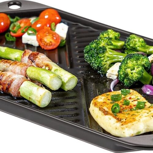 Grillpan aardewerk, grillschaal plat voor BBQ, hoekig zwart