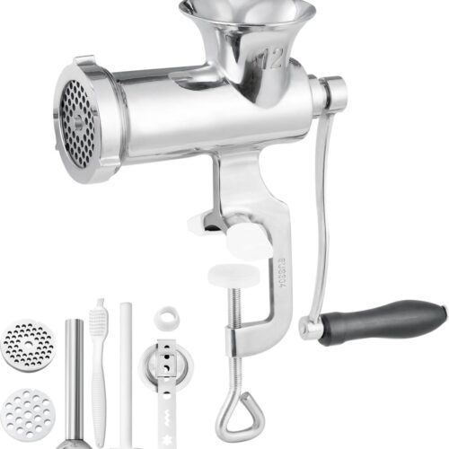 Handmatige Vleesmolen, Handwolf van RVS 304 met Tafelklem van Staal, Worstmaker, 2 Snijschijven, Koekjesopzetstuk en Worstomhulsel