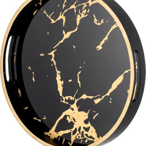 Houten dienblad decoratie dienblad rond: zwart decoratief dienblad 30 cm dienblad met handvat zwart hout marmer modern decoratief dienblad klein antislip voor keuken thuis