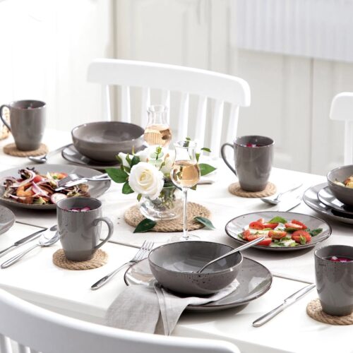 J&R Serviesset Grijs - Keramisch - 8 borden groot - 8 borden klein - 8 schalen - 8 kopjes - 32 delig - Vintage - Grijs