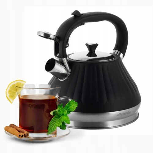 Kamille Traditionele Waterkoker met Fluitje - Zwart Staal - 3L - Gas/Inductie