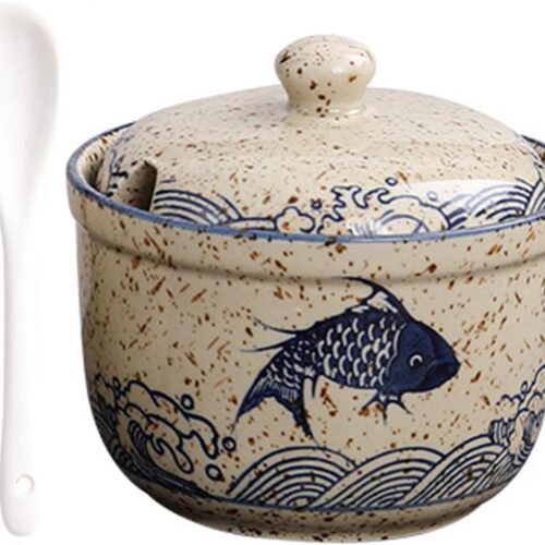 Keramieken suikerpot met deksel, lepel en kruidenpotjes voor suiker, zout, kaas en specerijen