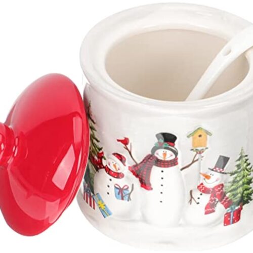 Kerst, suikerpot van keramiek met deksel en lepel, kerstsneeuwpop, koekjespot, voorraaddoos voor levensmiddelen in de wintervakantie, sneeuwpop, suikerpot