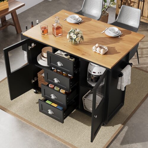 Keukeneiland, keukenkast, dressoir, 120x73(45)x93cm, uitschuifbare keukentrolley met wielen, handdoekhouder, kruidenrek, verstelbare planken, twee deuren, vier lades, wit/zwart