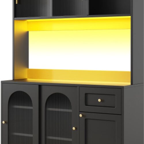 Keukenkast, hoge kast, vitrinekast, buffetkast met verstelbare planken, eetkamerkast, dressoir met ledverlichting, zwart