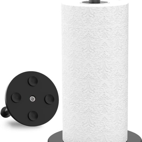 Keukenrolhouder - zwart - staand - keukenpapierhouder met verzwaarde basis - zuignap - keukenrolhouder voor werkblad - keukenrolhouder voor standaard en grote rollen - keukenorganisatie