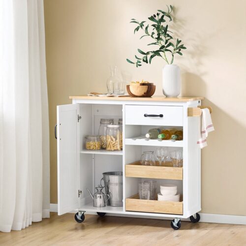 Keukentrolley - Serveerwagen - Opbergrek - Bijzettafel - Keukenwagen - Rubberen Houten Werkblad - Vier Wielen Met Rem - Compact 92x42x87 cm