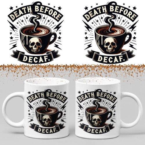 Koffiemok - Death before decaf - Wurban Wear | Keramiek | 325 ml (11oz) | Grappige mok | Leuk cadeau | Koffie mok | Drink mok | Leuke mok | Theemok | Foute mok | Fout cadeau | Vaatwasser & magnetronbestendig | Wit