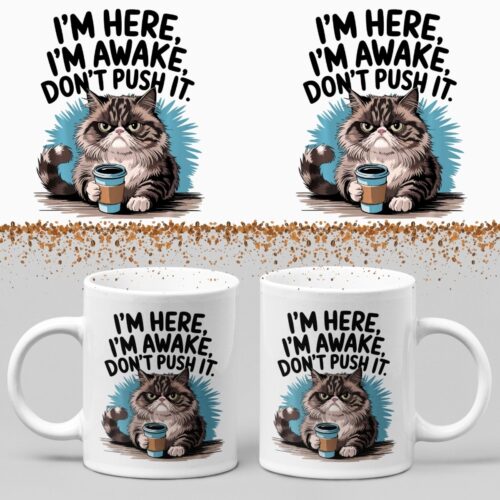 Koffiemok - I'm here and awake - Wurban Wear | Keramiek | 325 ml (11oz) | Grappige mok | Leuk cadeau | Koffie mok | Drink mok | Leuke mok | Theemok | Foute mok | Fout cadeau | Vaatwasser & magnetronbestendig | Wit