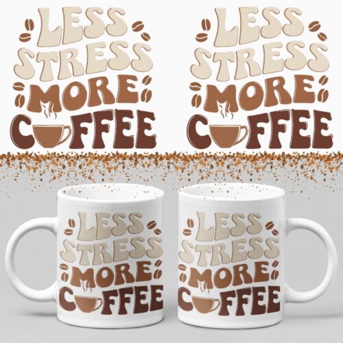 Koffiemok - Less stress more coffee - Wurban Wear | Keramiek | 325 ml (11oz) | Grappige mok | Leuk cadeau | Koffie mok | Drink mok | Leuke mok | Theemok | Foute mok | Fout cadeau | Vaatwasser & magnetronbestendig | Wit