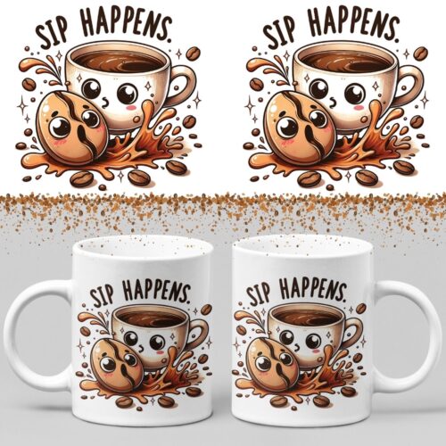 Koffiemok - Sip happens - Wurban Wear | Keramiek | 325 ml (11oz) | Grappige mok | Leuk cadeau | Koffie mok | Drink mok | Leuke mok | Theemok | Foute mok | Fout cadeau | Vaatwasser & magnetronbestendig | Wit