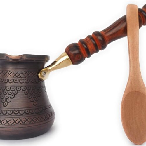 Koperen Koffiepot Cezve - Handgegraveerd Turkse Ibrik met Houten Handvat - 6 fl.oz