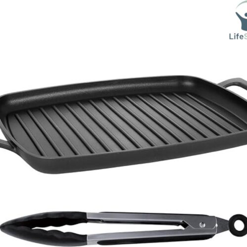 LifeStages - Grillplaat Inductie - Rechthoekige Grillpan 47 CM - Chef Grillpan Professioneel - Pan Met Steencoating En Extreme Antiaanbaklaag