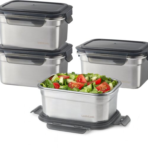 Lock&Lock RVS Vershoudbakjes met deksel - RVS bakjes - Bewaarbakjes - Diepvriesbakjes - Meal prep bakjes - Vershouddoos - RVS Lunchbox - Broodtrommel - Lunchtrommel - Roestvrijstaal - Lekvrij - BPA vrij - Set van 4 stuks - 1 liter - LocknLock