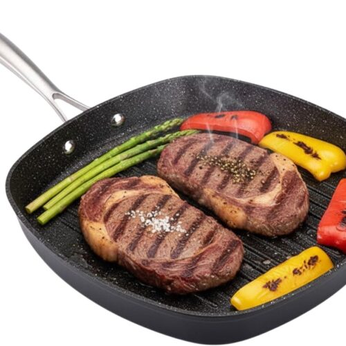 Lomera Grillpan Inductie - 28 cm Grillpan - Anti-Aanbaklaag - PFOA-Vrij - Geschikt Voor Alle Warmtebronnen - Ovenbestendig - Ergonomische RVS Handgreep - Krasbestendig - Geperst Aluminium - Zonder Boter Of Olie - Ultra Turbo Inductiebodem
