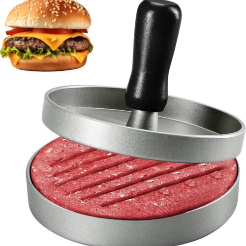 Lomera Hamburgerpers Aluminium - Hamburgermaker - Anti-Aanbaklaag - Perfecte Afmeting Hamburger - Stevig Aandrukken - Gehaktpers - Zelf Hamburgers Maken - Hamburger Pers - Burger Press - Vlees Niet Plakken - Hamburgers Pers