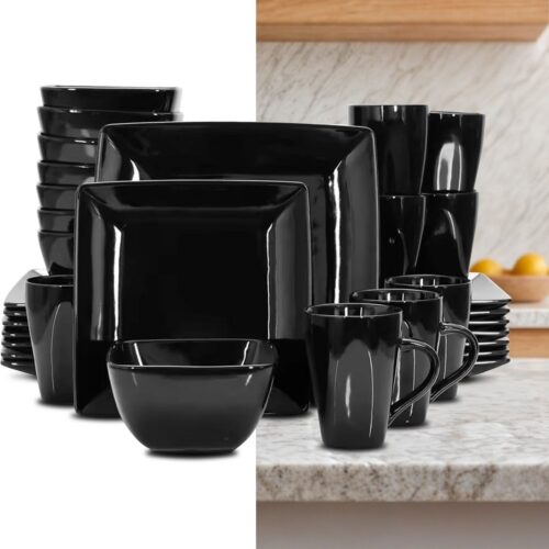 Luxe Serviesset - 32 delig - 8 persoons - Porselein - Bordenset - Dinner platen - Dessertborden - Kommen - Mokken - Schaaltjes - Zwart