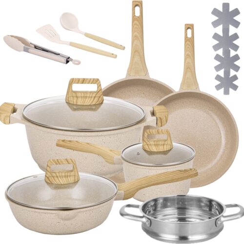 Maison & Kitchen - 16 delige pannenset inductie PFAS vrij kookpannen - Japandi beige