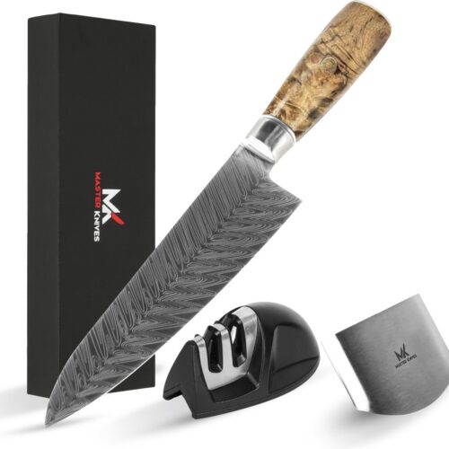 Master Knives Professioneel Japans Koksmes 20 CM - Keukenmessen van hoogwaardig Damascus Patroon - Ergonomisch Rozenhout handvat - japanse messen