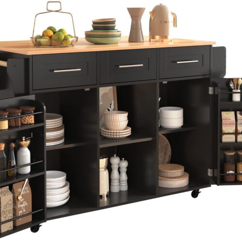 Merax Keukentrolley - 139x46(71)x91.5cm - Zwarte Keukenkar met Houten Blad - Opbergkast met Lades Deuren en Uitschuifbaar Werkblad - Mobiel Keukeneiland met Wielen en Houten Poten