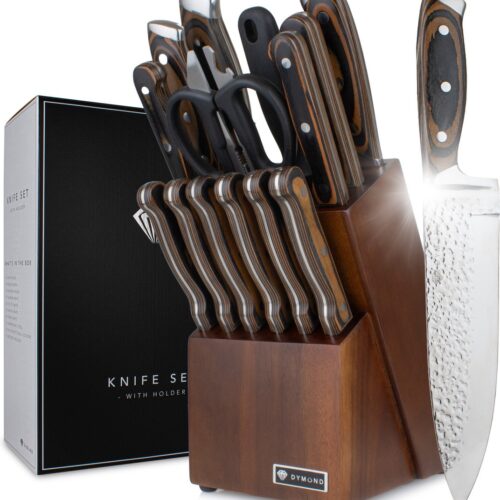 Messenset - 15-delig - Messenset met Blok - RVS - Ergonomisch - Messenset Japans - Gehamerd Patroon - Messenblok - Keukengerei - Zwart - Dymund