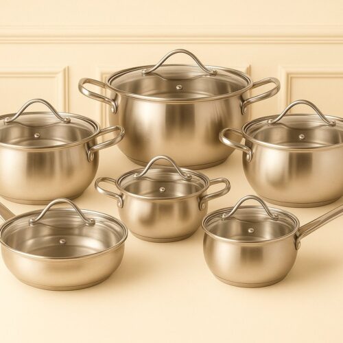 Mevaz Apple 12-delige roestvrijstalen pannenset - kookpannen, sauspan en koekenpan met glazen deksel - geschikt voor alle warmtebronnen inclusief inductie